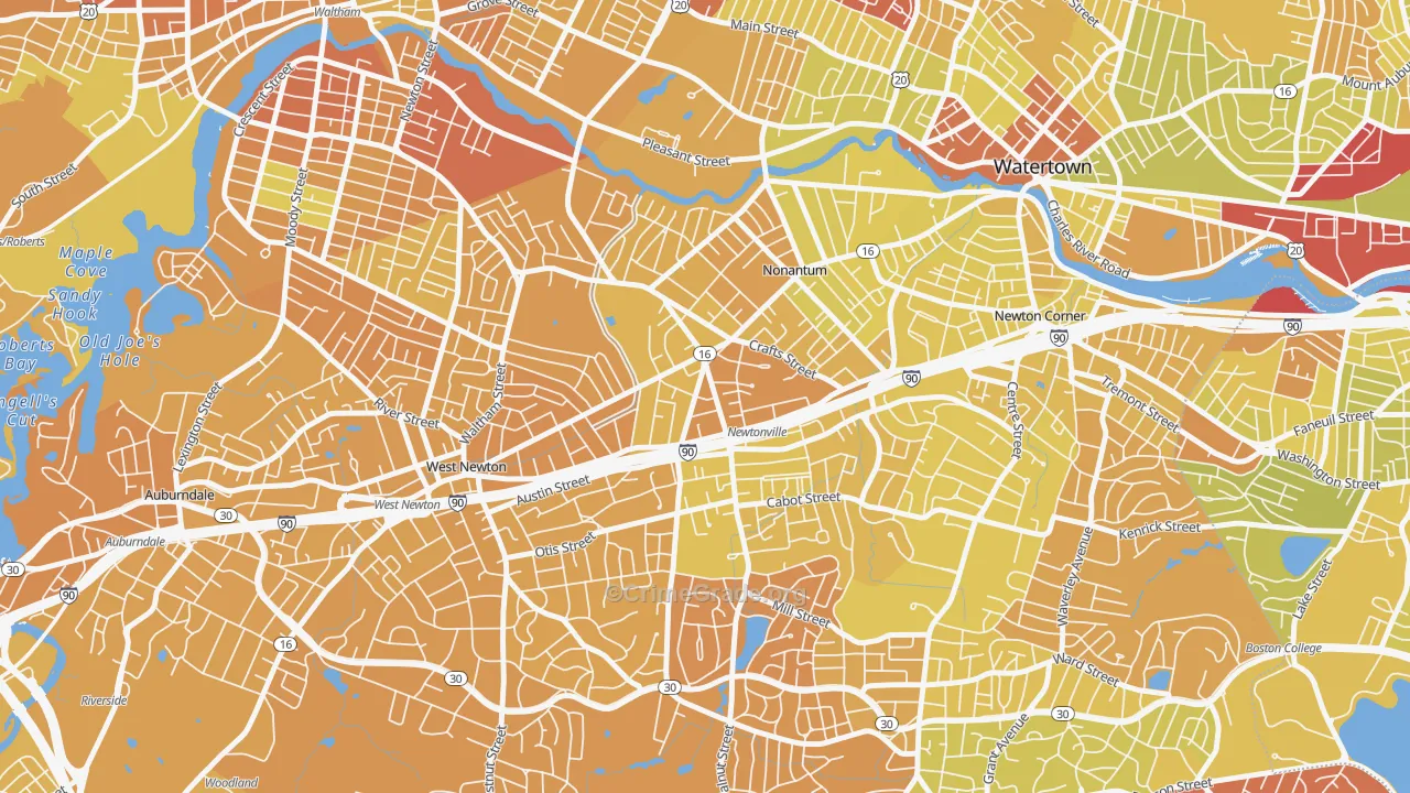 Newtonville, MA Map of Vehicle Theft Rates