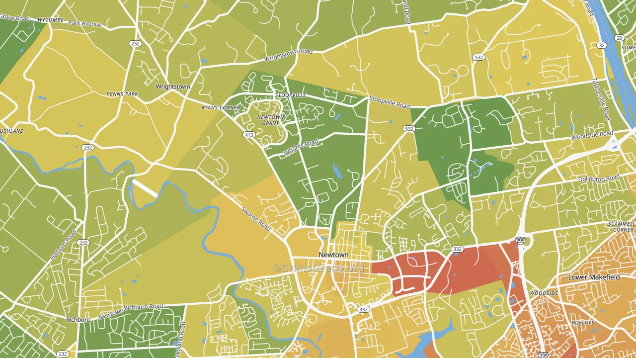 Newtown, PA Map of Vehicle Theft Rates