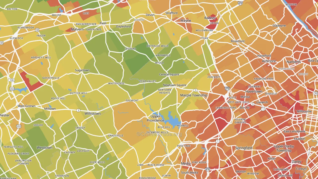 Newtown Square, PA Map of Vehicle Theft Rates