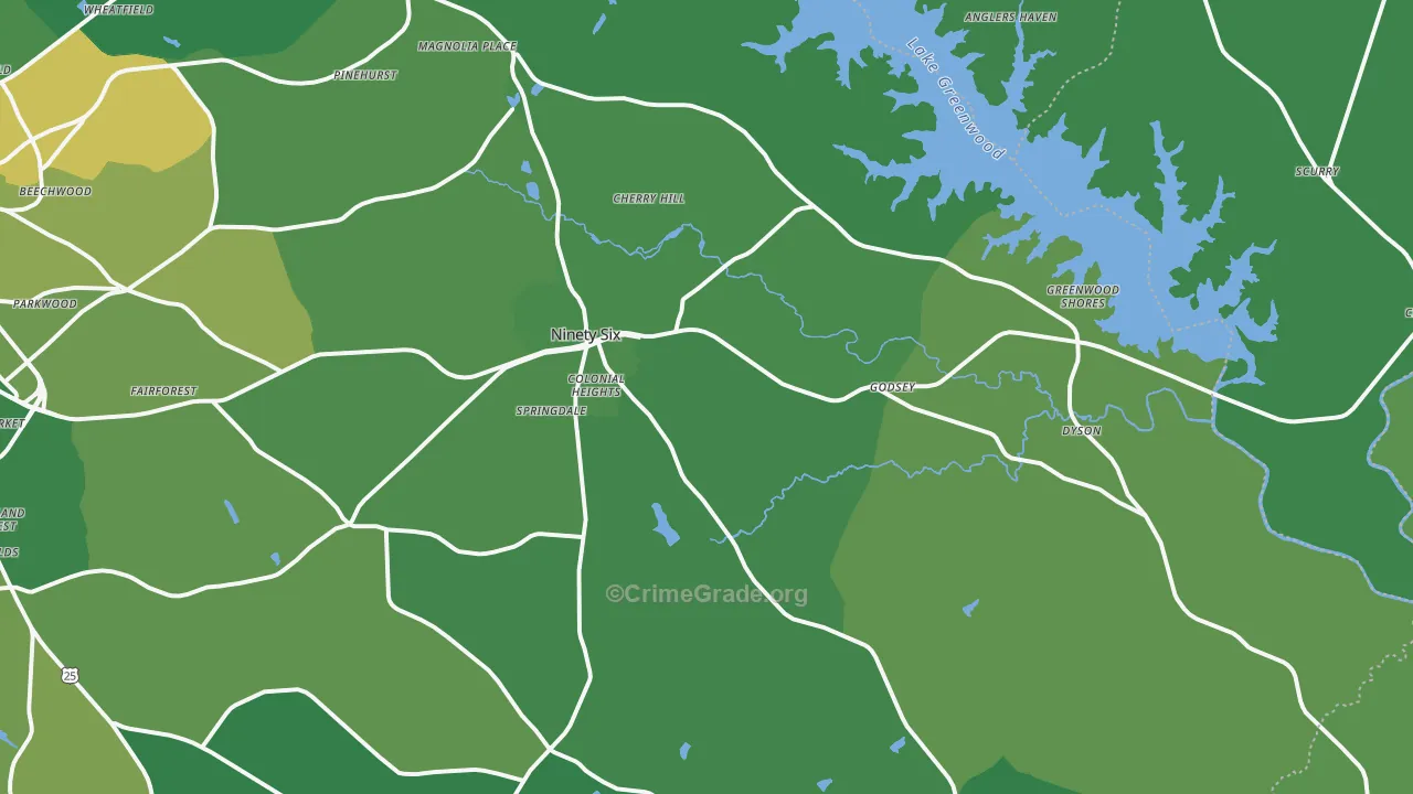 Ninety Six, SC Map of Vehicle Theft Rates