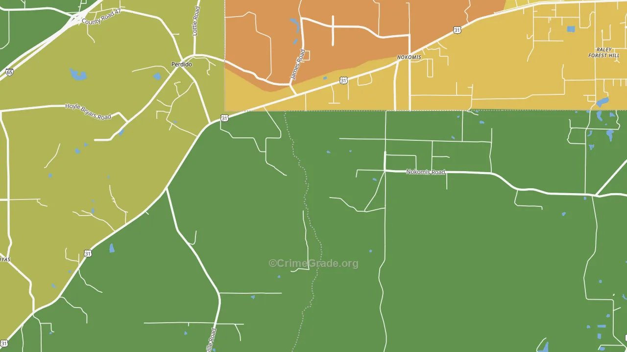 Nokomis, AL Map of Vehicle Theft Rates