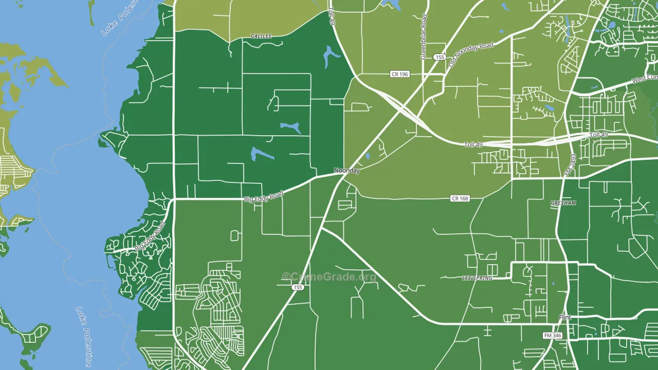 Noonday, TX Map of Vehicle Theft Rates