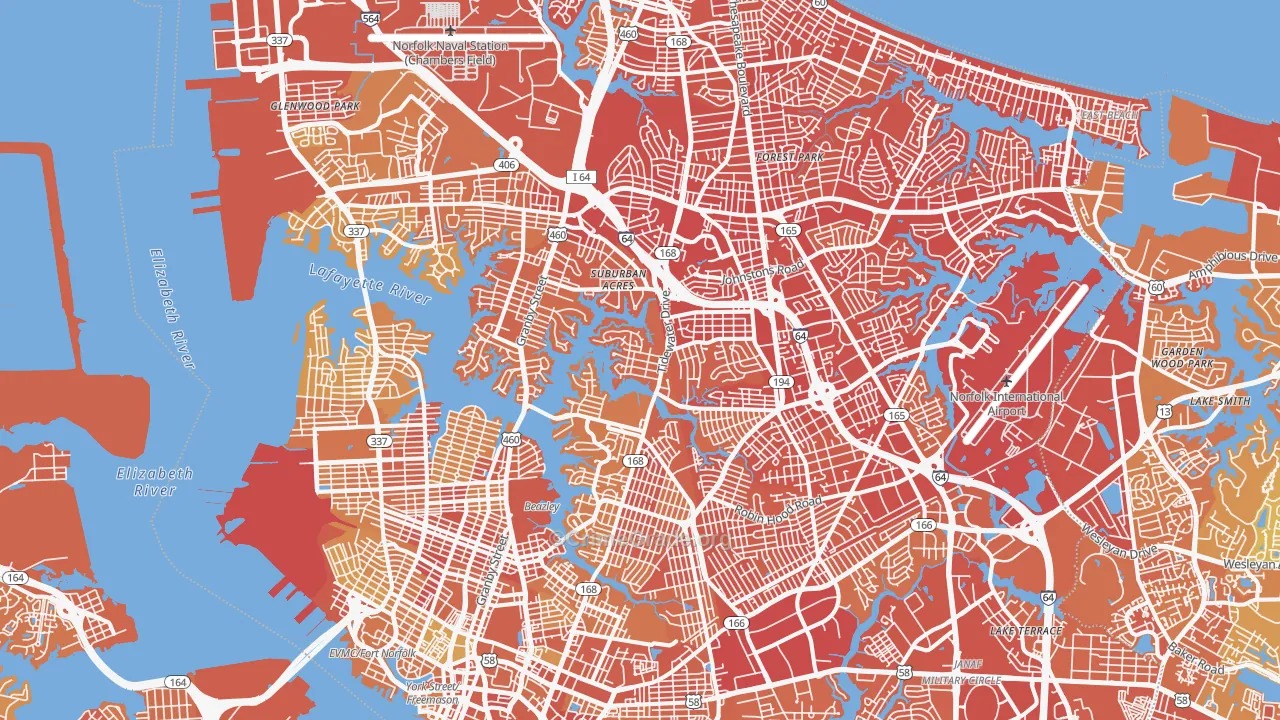 Norfolk City, VA Map of Vehicle Theft Rates