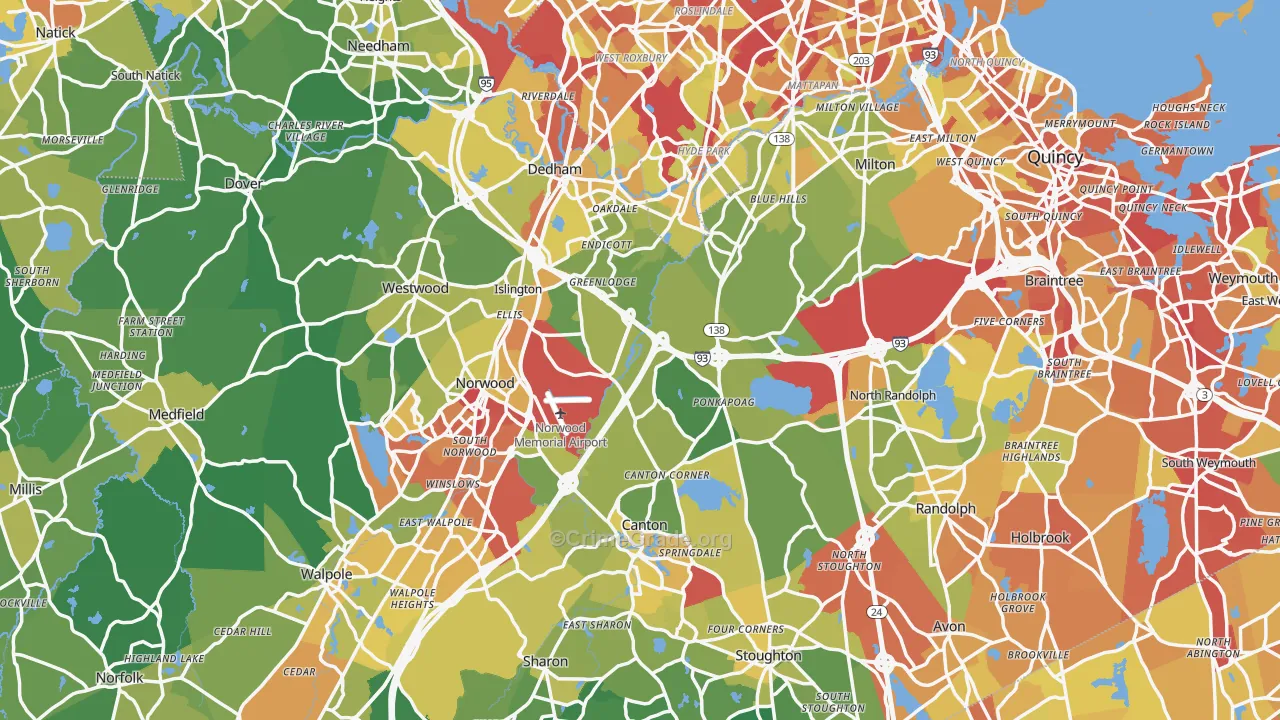 Norfolk County, MA Map of Vehicle Theft Rates
