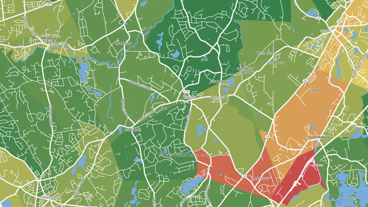 Norfolk, MA Map of Vehicle Theft Rates
