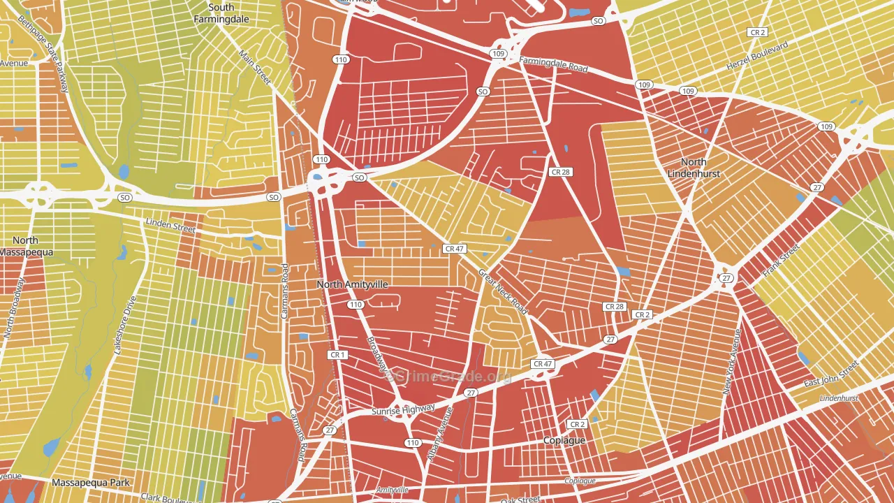 North Amityville, NY Map of Vehicle Theft Rates