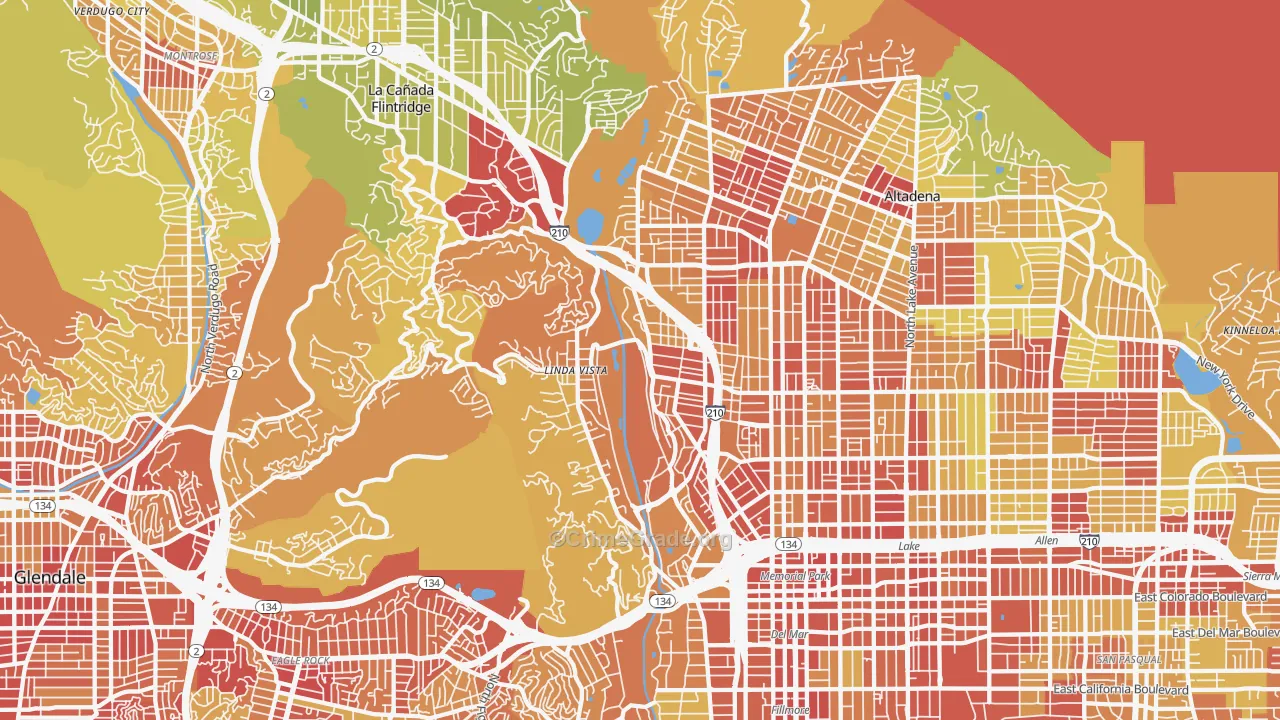 North Arroyo, Pasadena, CA Map of Vehicle Theft Rates