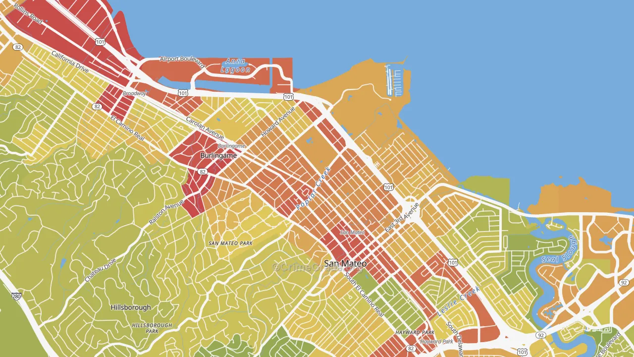 North Central San Francisco, San Mateo, CA Map of Vehicle Theft Rates