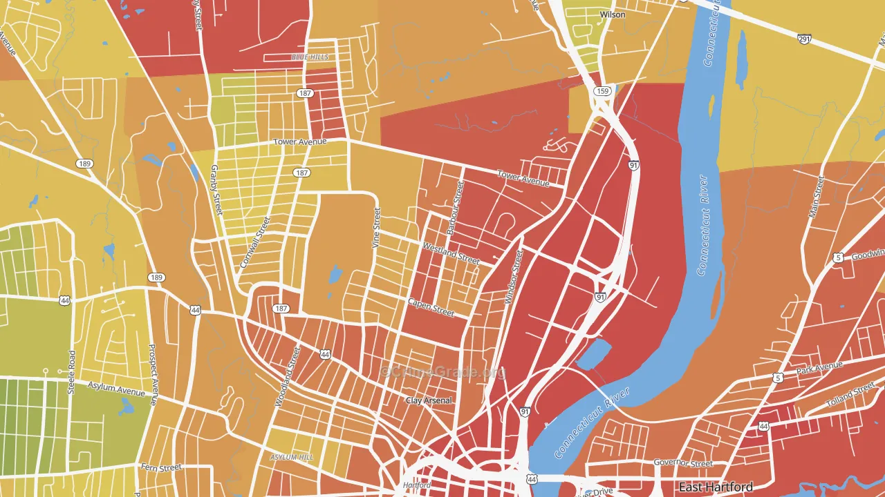 North East, Hartford, CT Map of Vehicle Theft Rates