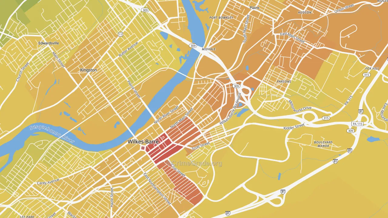 North End, Wilkes-Barre, PA Map of Vehicle Theft Rates