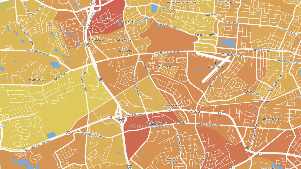North Leg, Augusta, GA Map of Vehicle Theft Rates