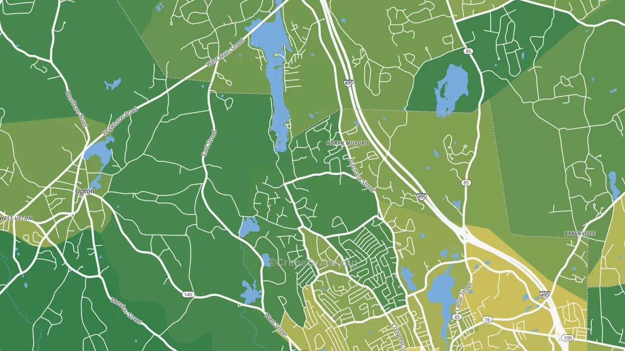 North Milford, MA Map of Vehicle Theft Rates