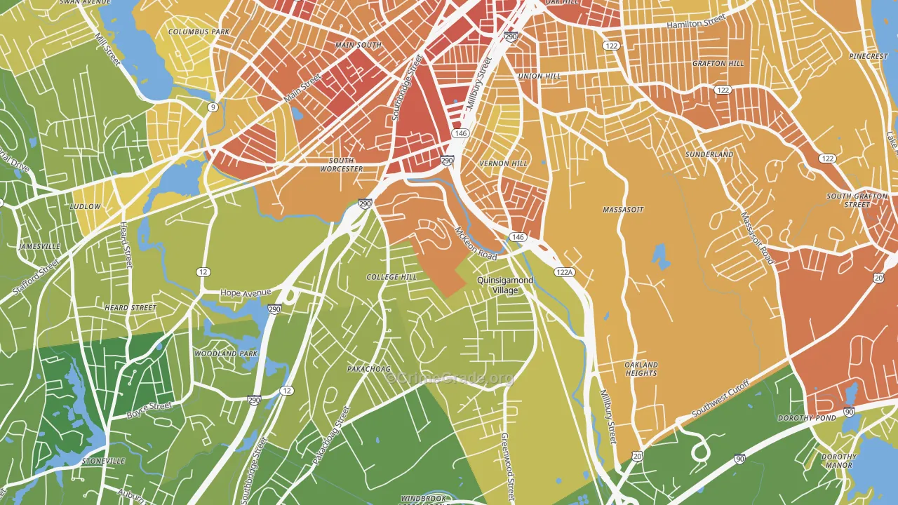 North Quinsigamond Village, Worcester, MA Map of Vehicle Theft Rates