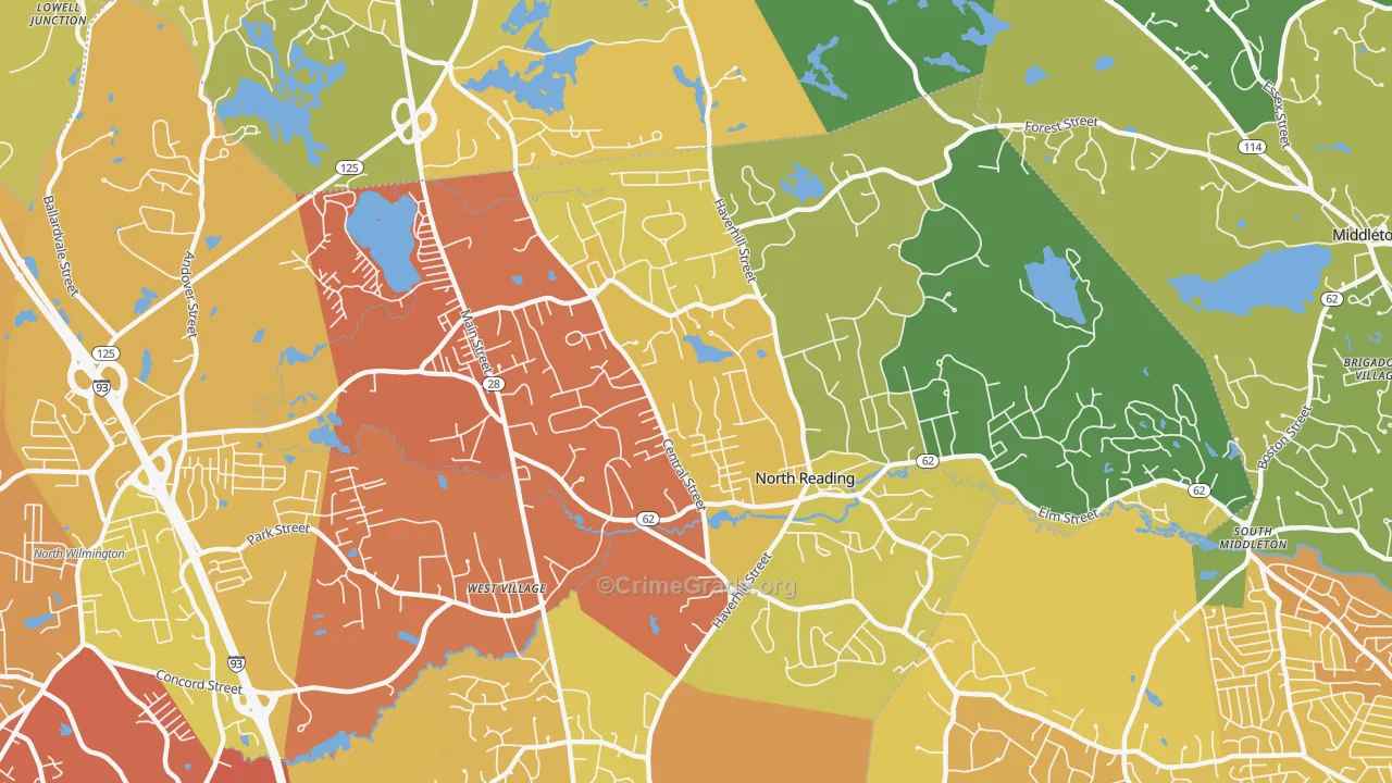 North Reading, MA Map of Vehicle Theft Rates