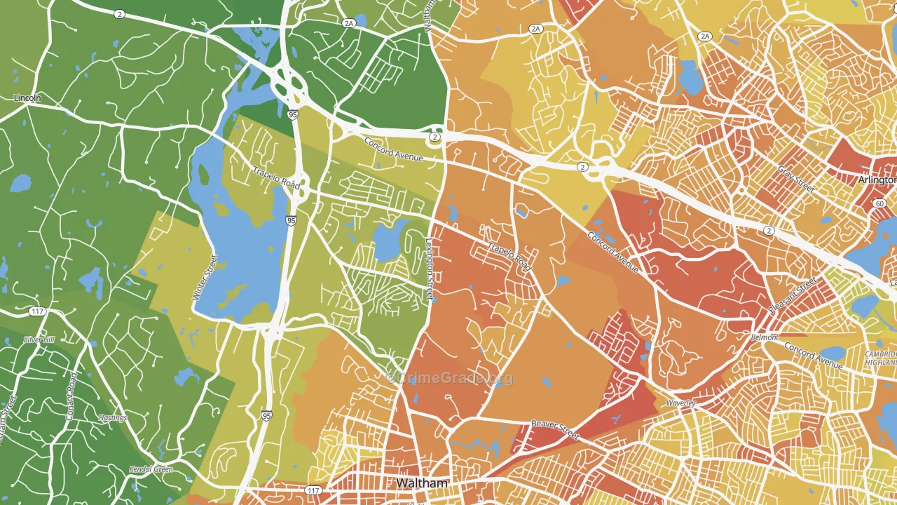 North Waltham, Waltham, MA Map of Vehicle Theft Rates