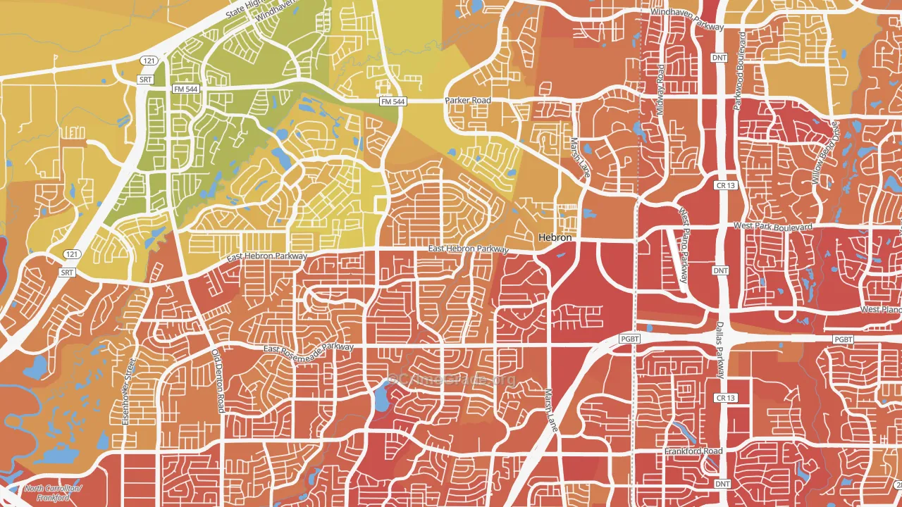 Northeast Dallas, Carrollton, TX Map of Vehicle Theft Rates