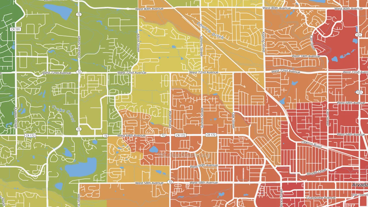 Northwest Arvada, Arvada, CO Map of Vehicle Theft Rates