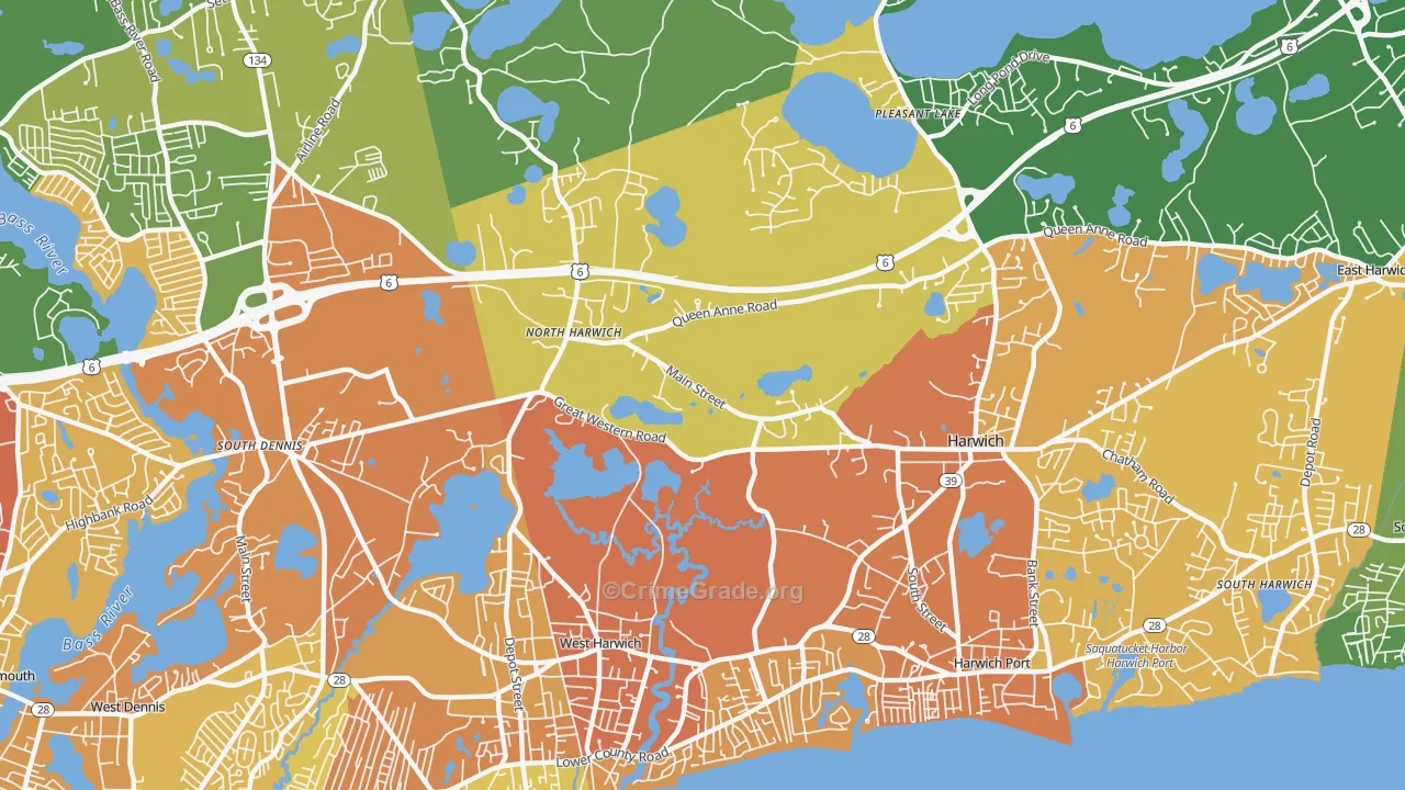 Northwest Harwich, MA Map of Vehicle Theft Rates
