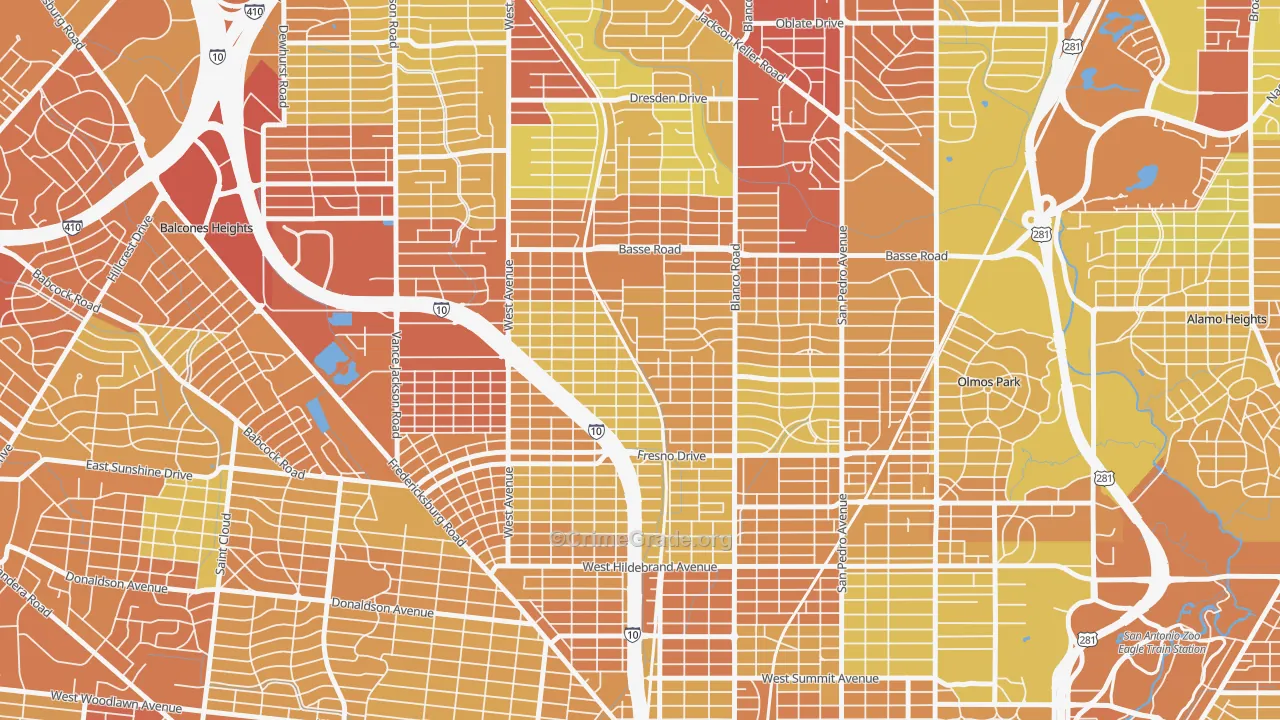 Northwest Los Angeles Heights, San Antonio, TX Map of Vehicle Theft Rates
