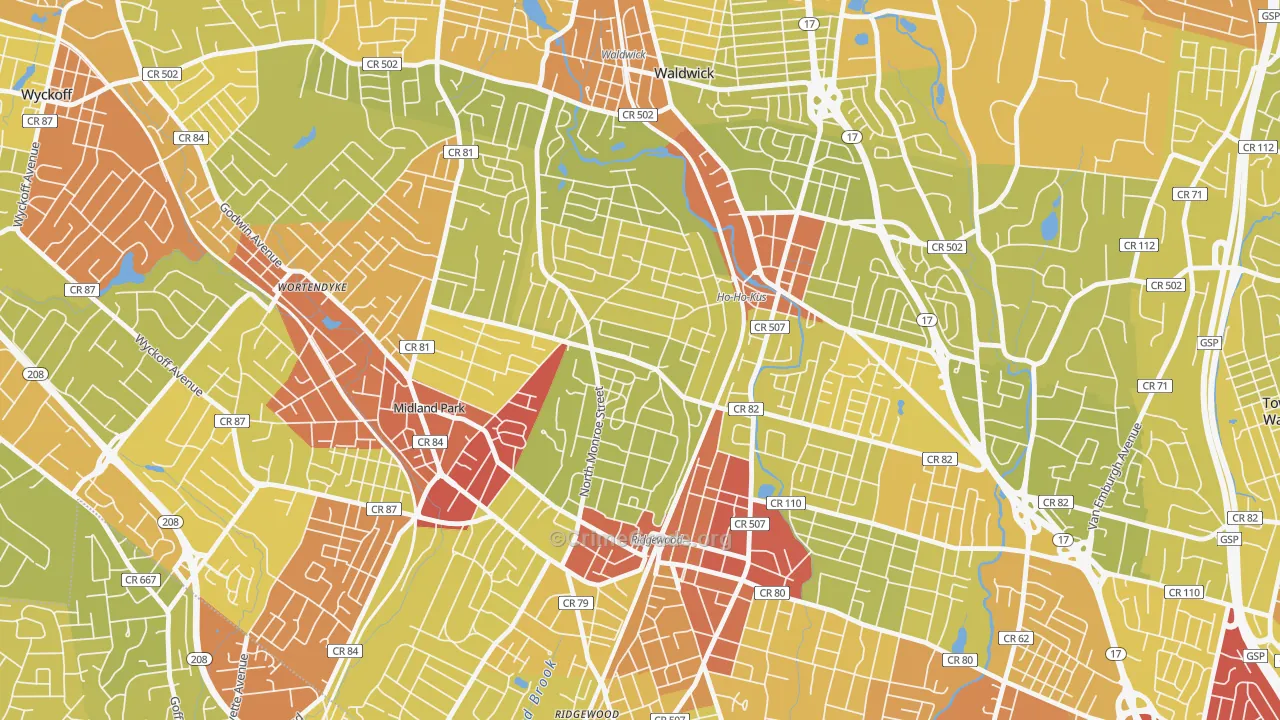 Northwest Ridgewood, Ridgewood, NJ Map of Vehicle Theft Rates
