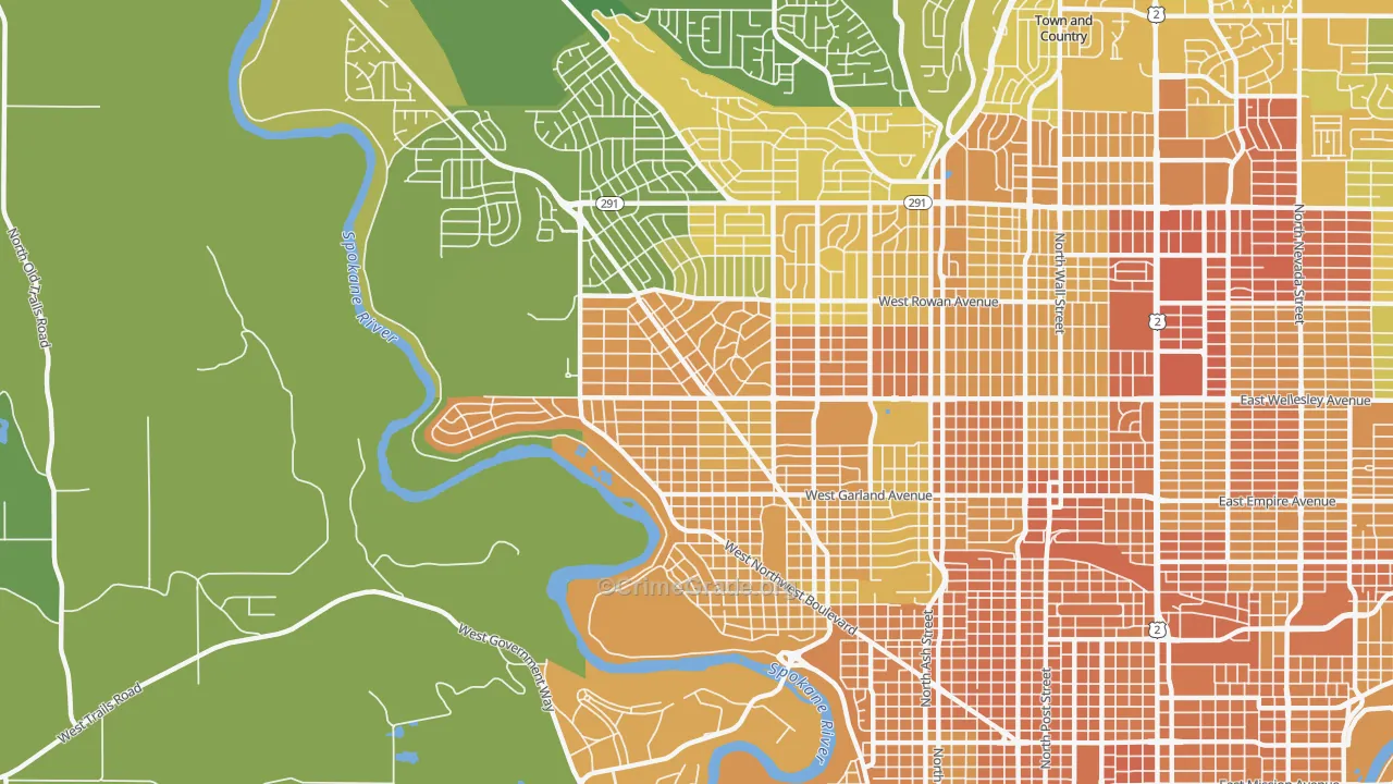 Northwest Spokane, Spokane, WA Map of Vehicle Theft Rates