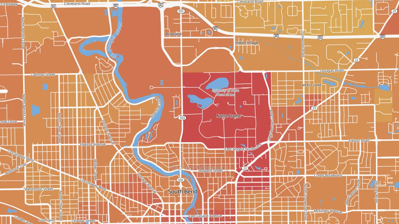 Notre Dame, IN Map of Vehicle Theft Rates