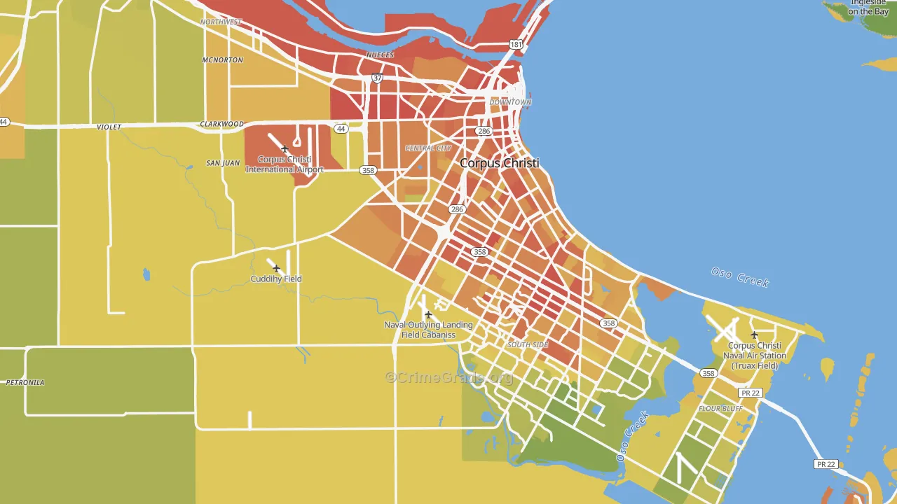 Nueces County, TX Map of Vehicle Theft Rates