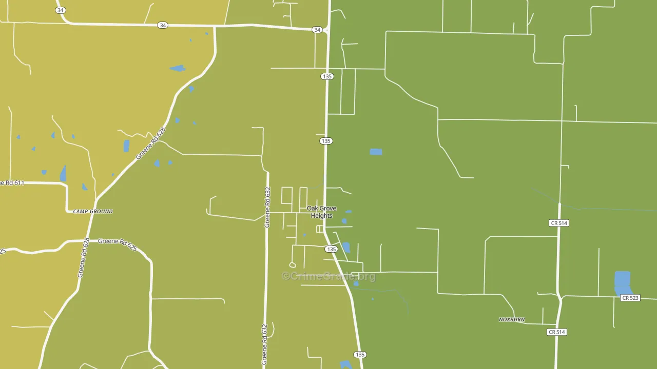 Oak Grove Heights, AR Map of Vehicle Theft Rates