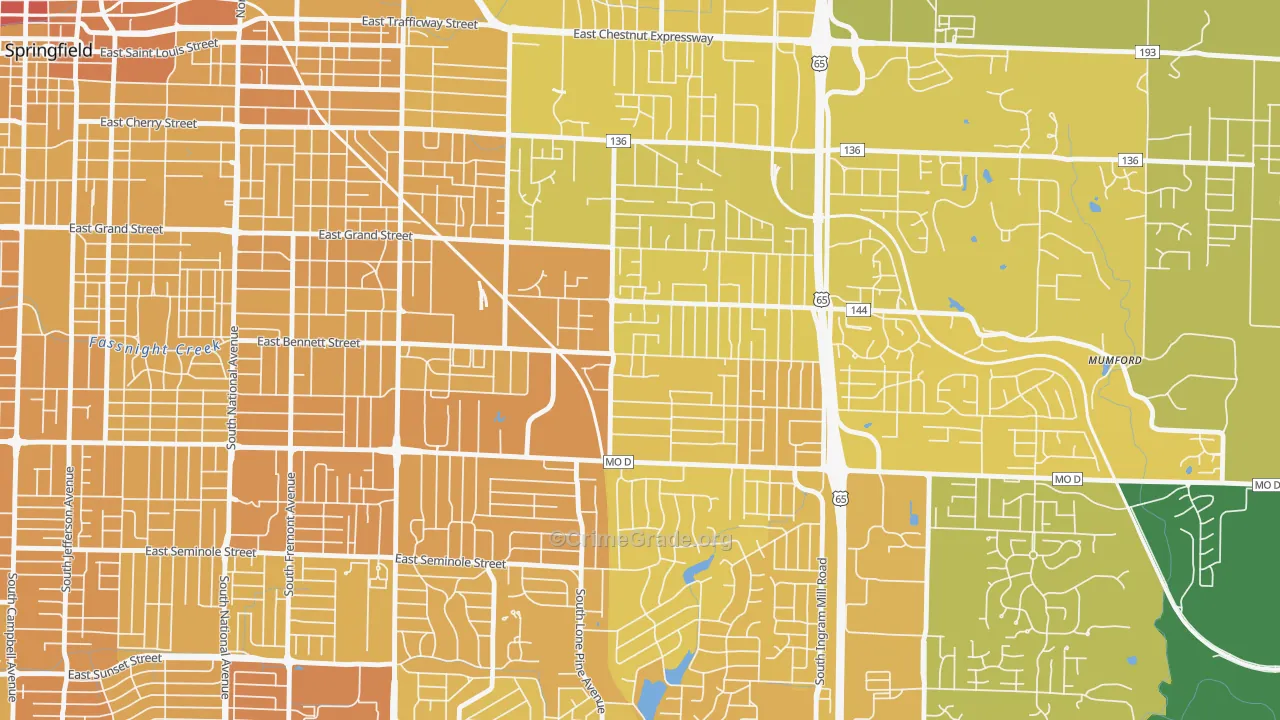 Oak Grove, Springfield, MO Map of Vehicle Theft Rates