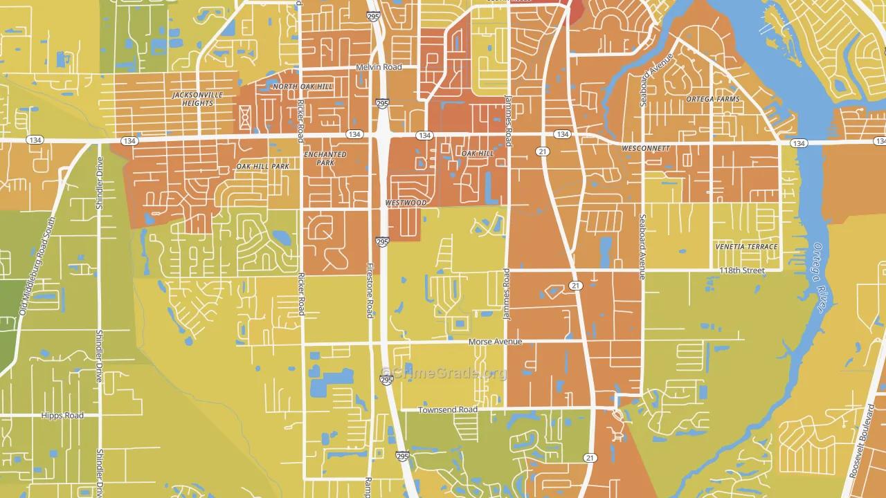 Oak Hill, Jacksonville, FL Map of Vehicle Theft Rates