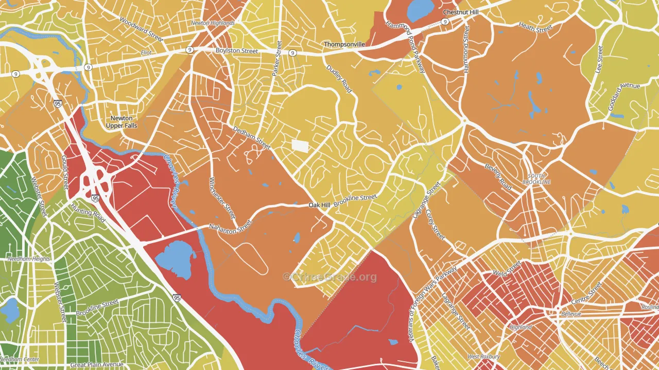 Oak Hill, Newton Center, MA Map of Vehicle Theft Rates