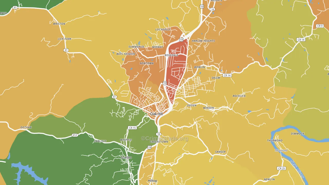 Oak Hill, WV Map of Vehicle Theft Rates