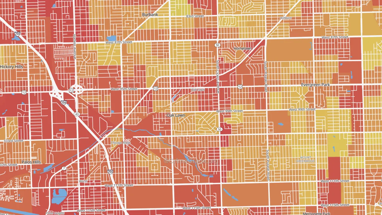 Oak Lawn, IL Map of Vehicle Theft Rates