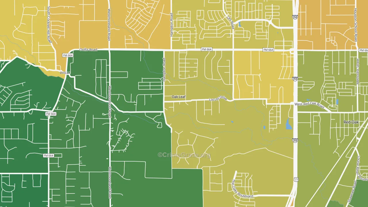 Oak Leaf, TX Map of Vehicle Theft Rates