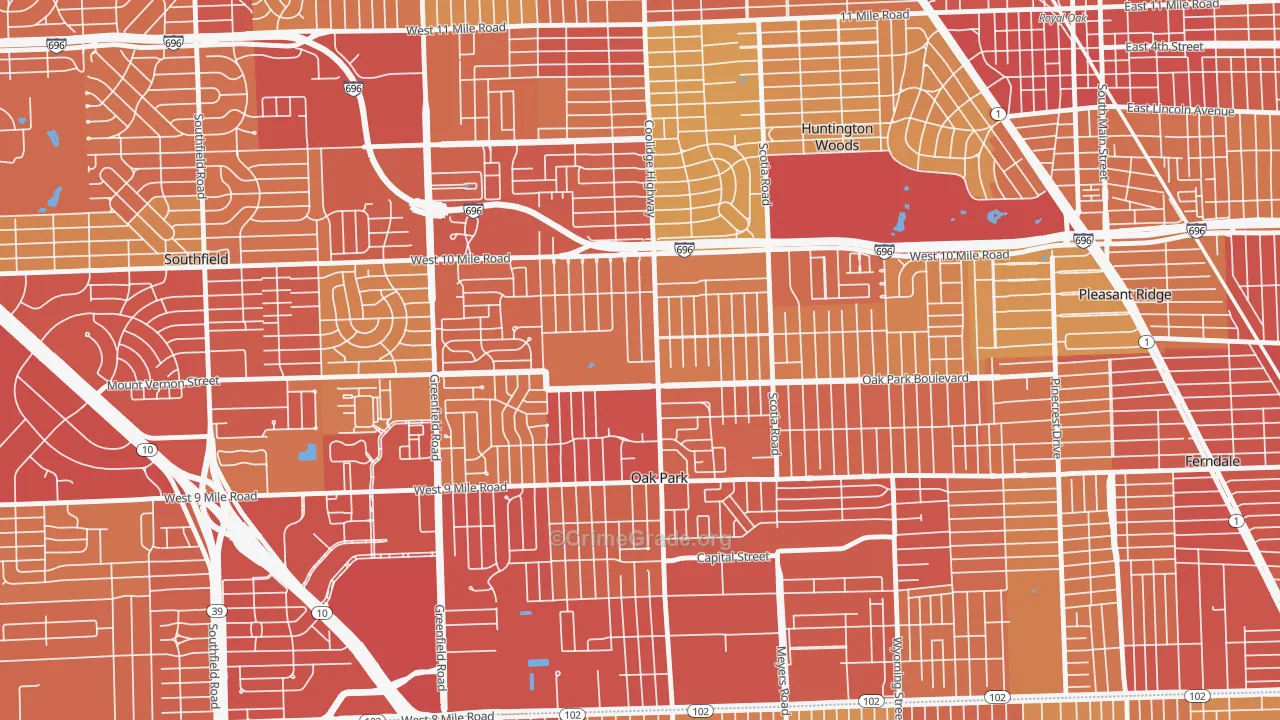 Oak Park, MI Map of Vehicle Theft Rates