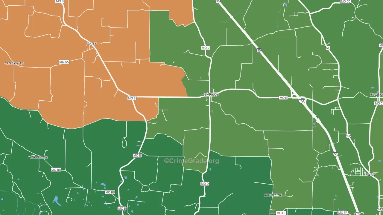 Oak Ridge, MO Map of Vehicle Theft Rates
