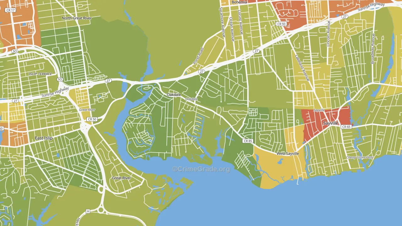 Oakdale, NY Map of Vehicle Theft Rates