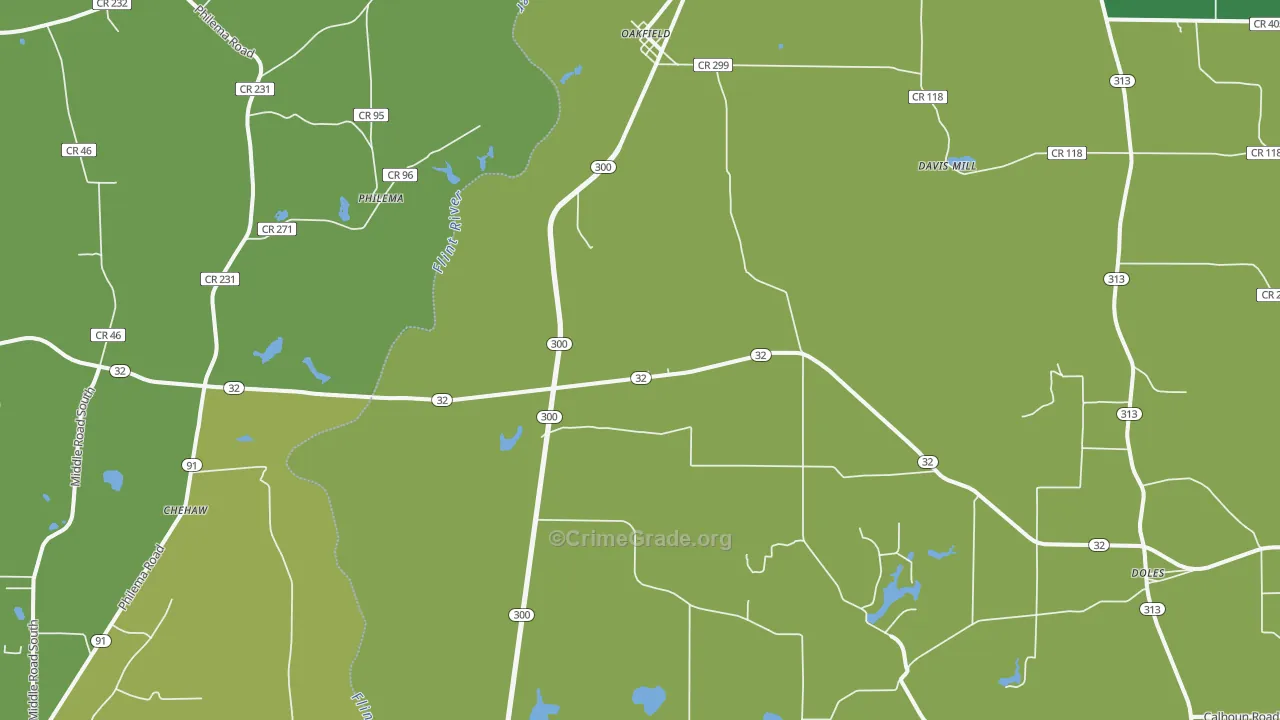 Oakfield, GA Map of Vehicle Theft Rates