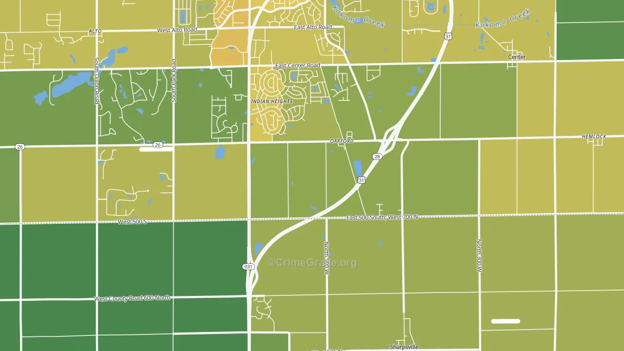 Oakford, IN Map of Vehicle Theft Rates