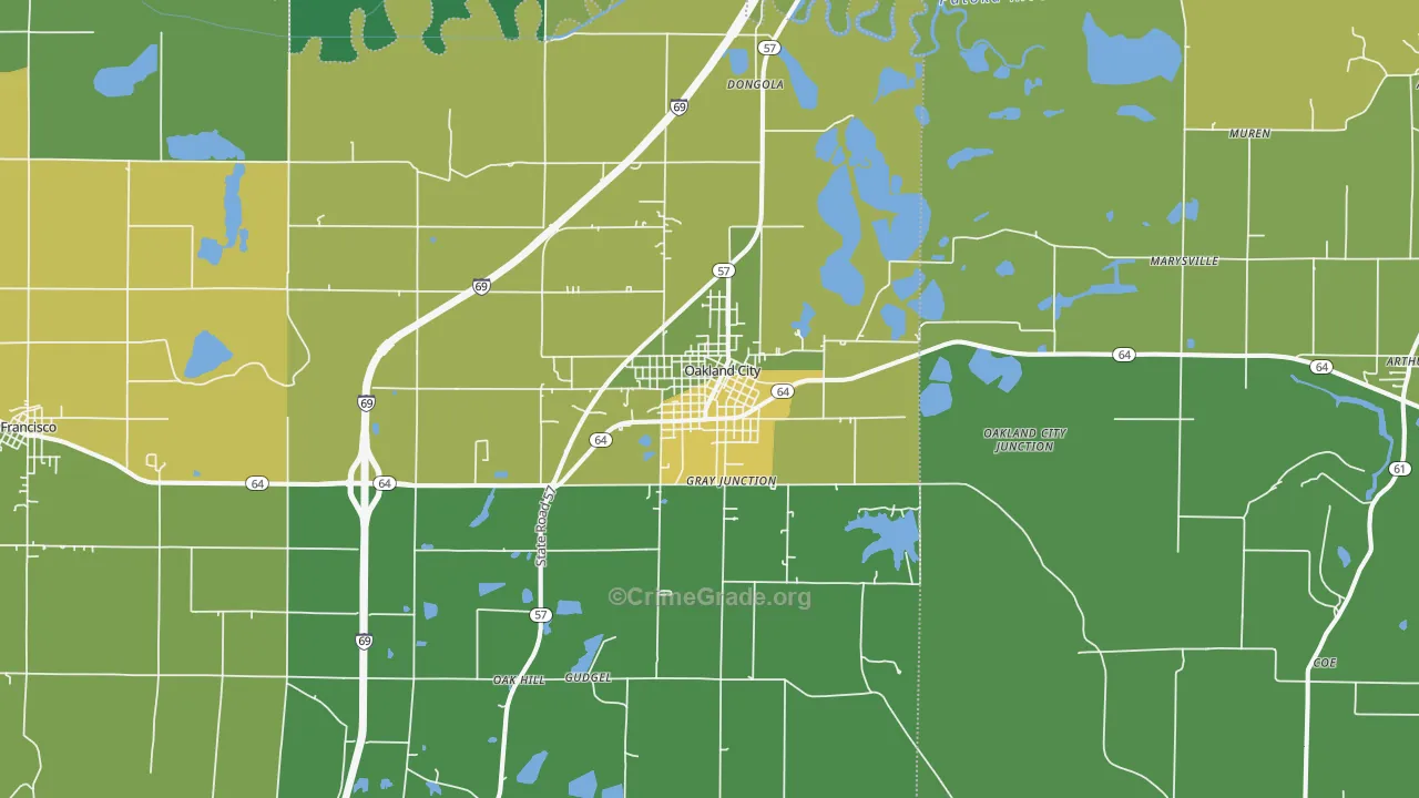 Oakland City, IN Map of Vehicle Theft Rates