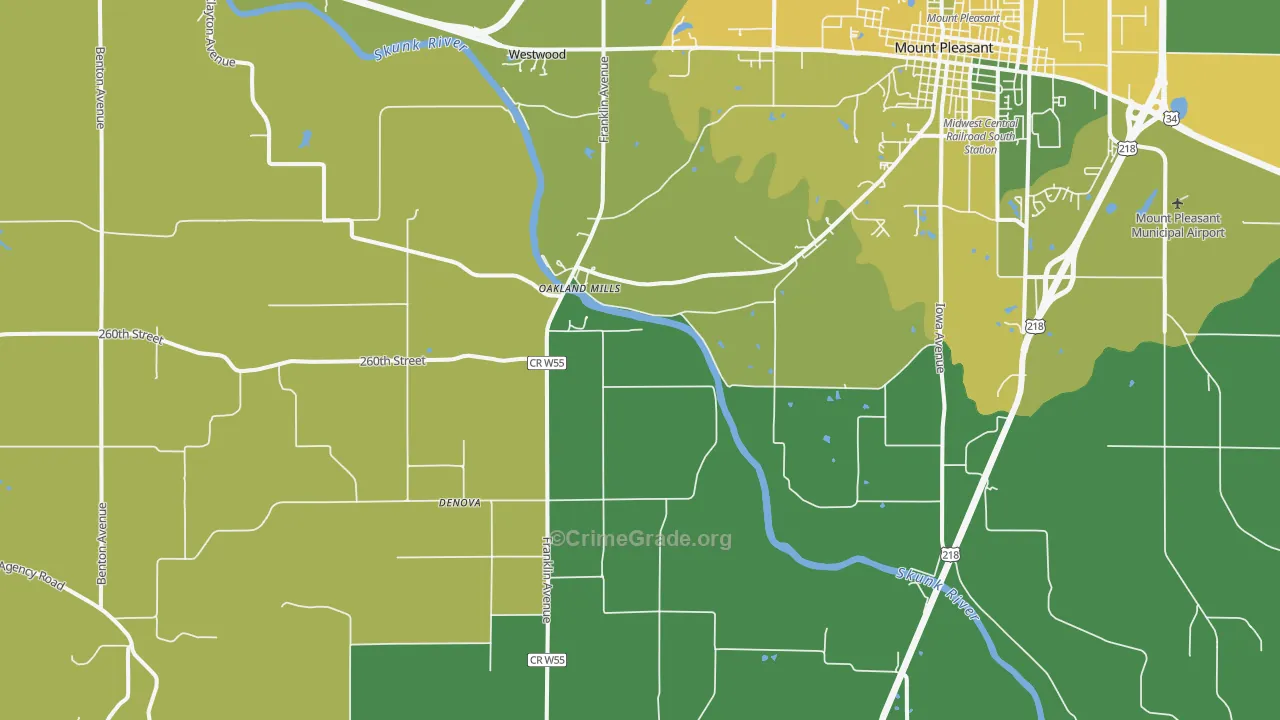 Oakland Mills, IA Map of Vehicle Theft Rates