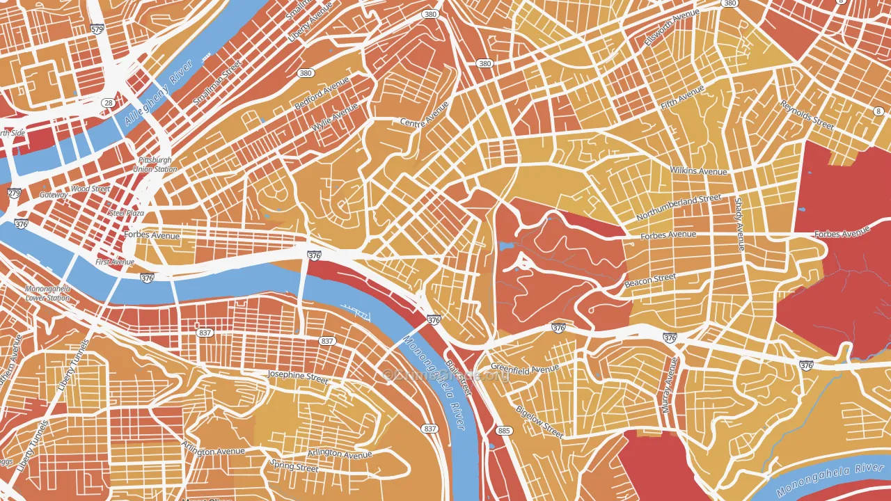 Oakland, Pittsburgh, PA Map of Vehicle Theft Rates