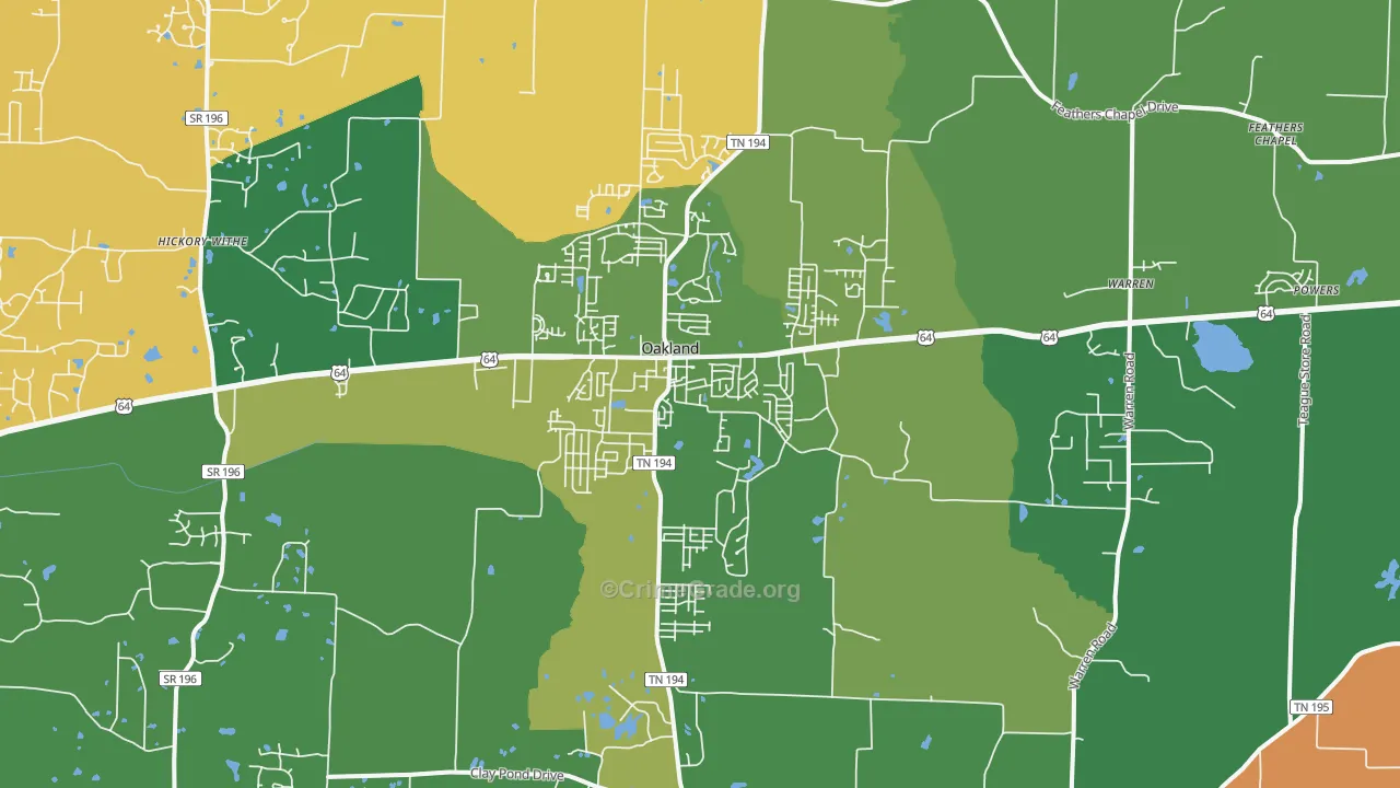 Oakland, TN Map of Vehicle Theft Rates