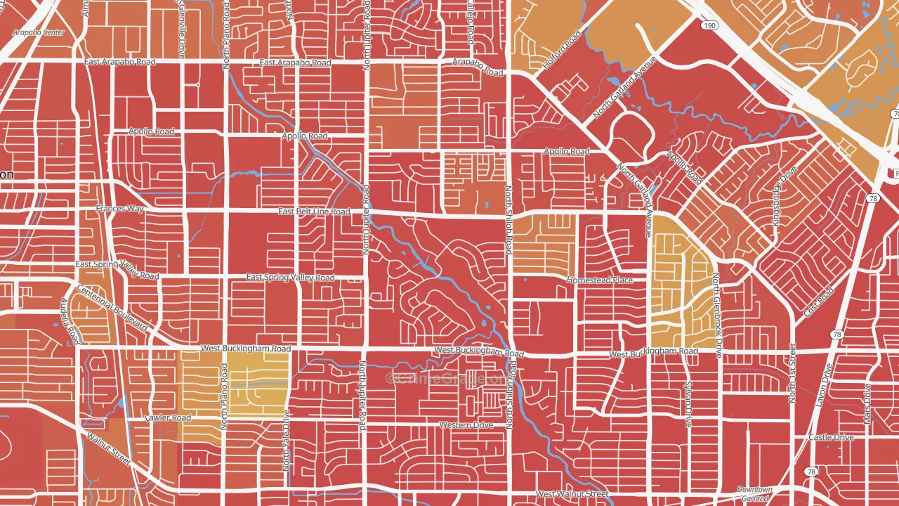Oakridge, Garland, TX Map of Vehicle Theft Rates