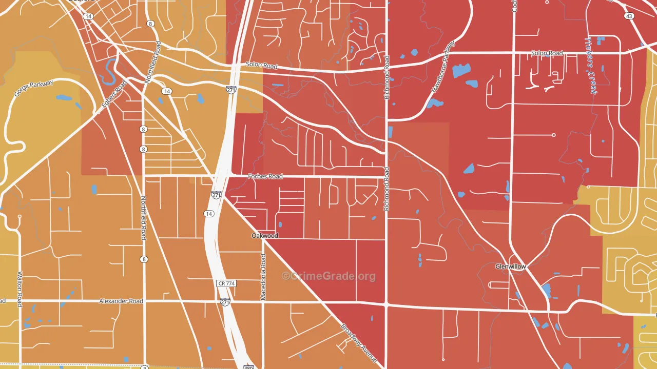 oakwood, Bedford, OH Map of Vehicle Theft Rates