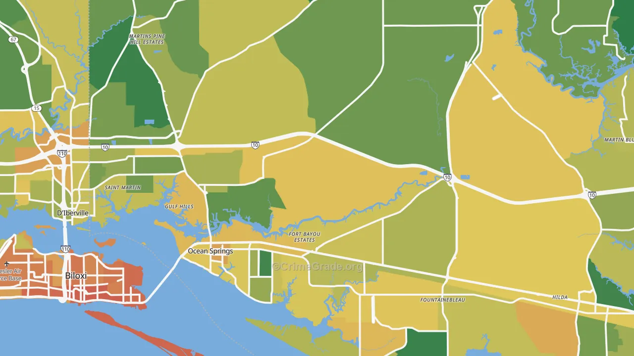 Ocean Springs, MS Map of Vehicle Theft Rates
