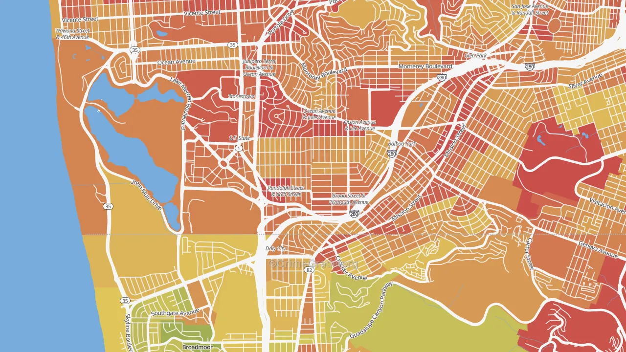 Ocean View, San Francisco, CA Map of Vehicle Theft Rates