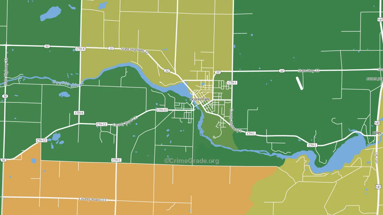 Oconto Falls, WI Map of Vehicle Theft Rates