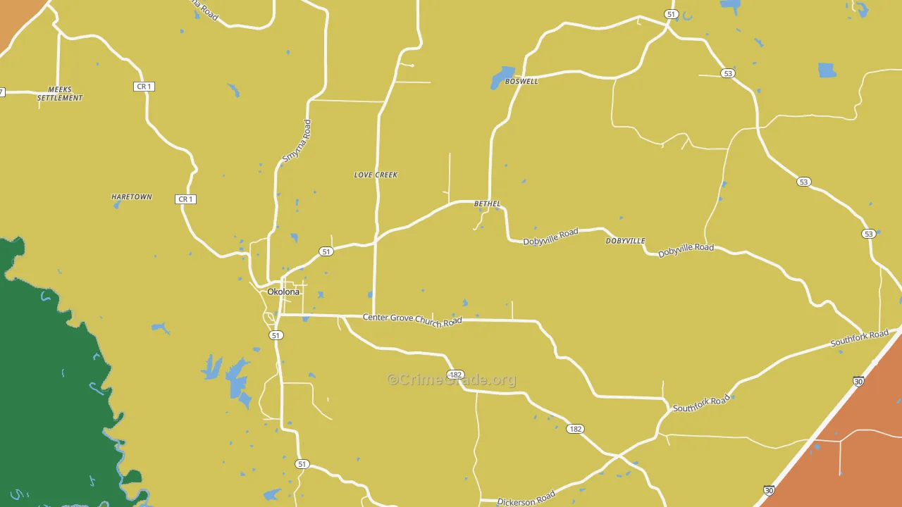 Okolona, AR Map of Vehicle Theft Rates