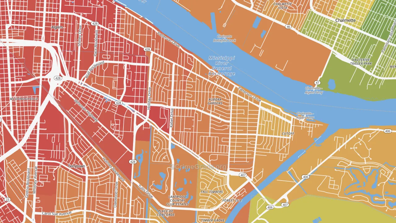 Old Aurora, New Orleans, LA Map of Vehicle Theft Rates